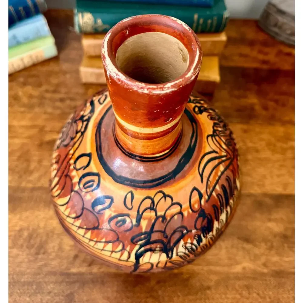 Hand-Painted Tonalá Style Ceramic Vase | Burnished Clay Folk Art Vessel